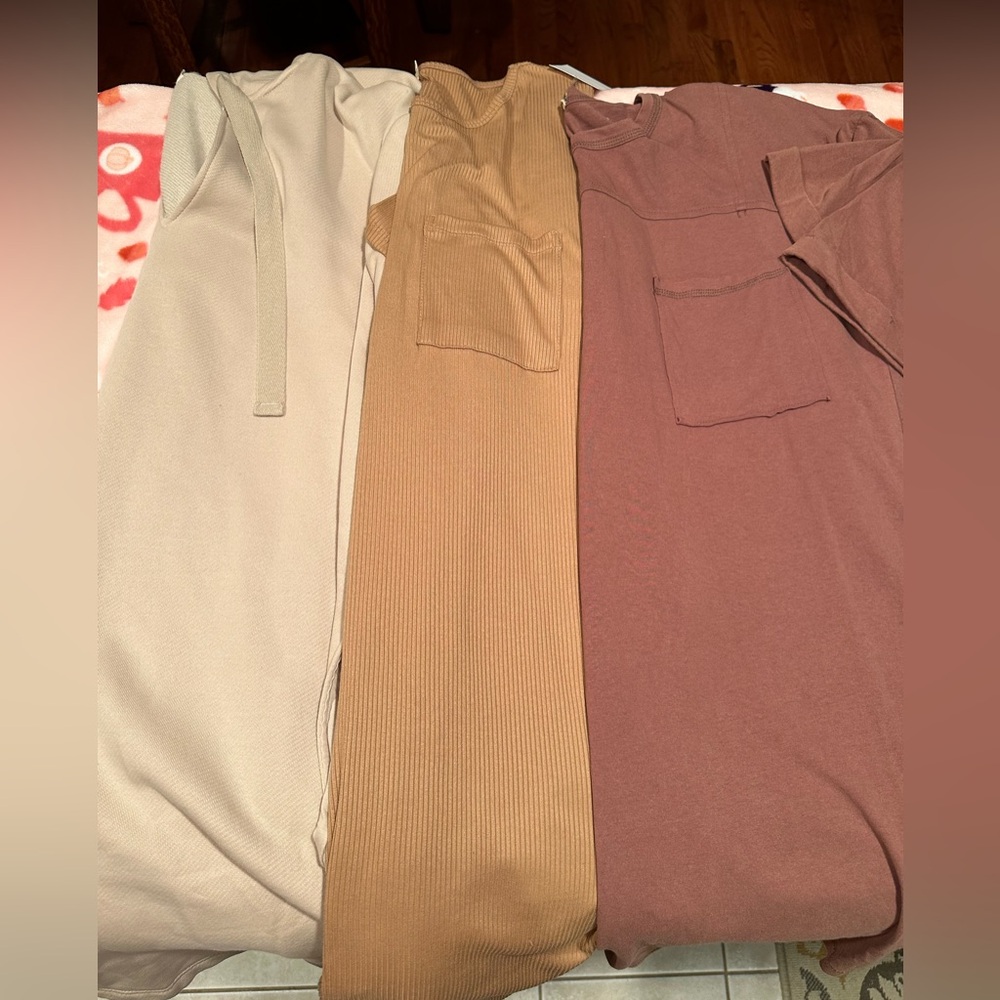 3 neutral colored boutique dresses, size large (2 NWT)